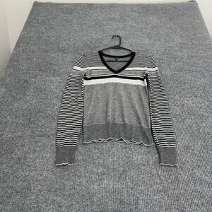 Stile Benetton Sweater Womens S Grey Wool Blend Striped V Neck Casual Preppy